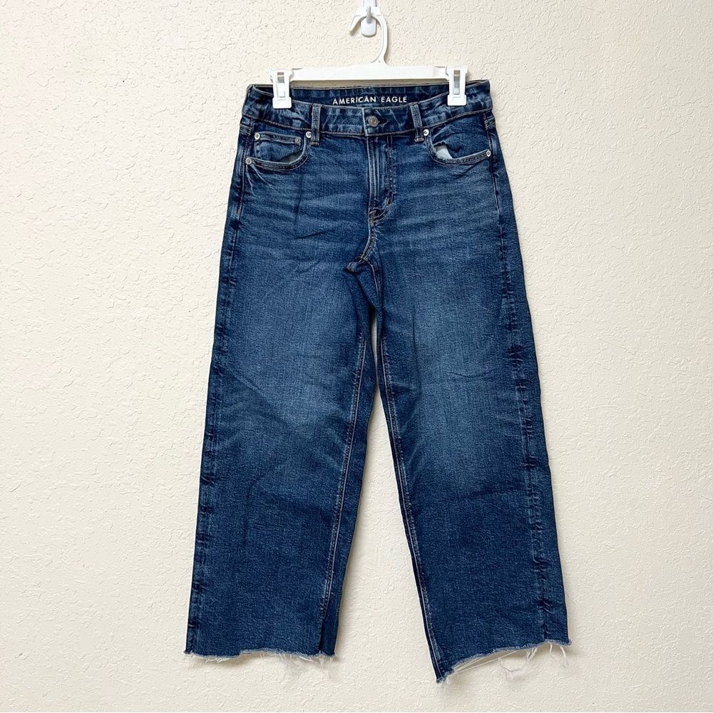 American Eagle Stretch Low Rise Baggy Wide Leg Jeans Raw Hem Size 4 Regular
